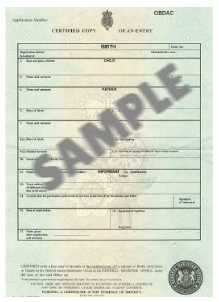 UK Birth Certificate Example 1